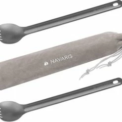 Navaris 2x Spork Met Extra Lange Handgreep - Set Van 2 - Campingbestek Van Titanium - Bestek Voor Onderweg - Lichtgewicht - Inclusief Bewaarzakje