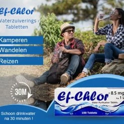 Ef-Chlor Waterzuiveringstabletten 8,5 Mg - 100 Stuks! - 1-2 Liter Veilig En Schoon Drinkwater In 30 Minuten! -Mushie  winkel 550x495 1