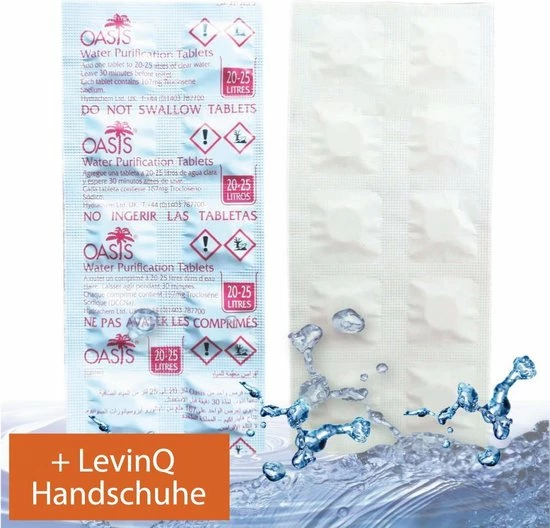 LevinQ Oasis Waterzuiveringstabletten - 5 Jaar Houdbaar Tot 2027! - 20-25 Liter Veilig Drinkwater Per Tablet NATO Goedgekeurd + LevinQ® Handschoenen PE 1 LevinQ Oasis Waterzuiveringstabletten - 5 Jaar Houdbaar Tot 2027! - 20-25 Liter Veilig Drinkwater Per Tablet NATO Goedgekeurd + LevinQ® Handschoenen PE