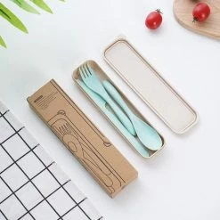 Mes Lepel Vork Set - Portable Doosje - Herbruikbaar - Ecofriendly - Met Beschermhoes - Groen - Usables