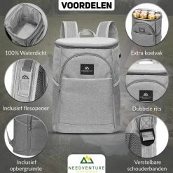 Needventure Koeltas - Lunchtas - Koelrugtas - Picknicktas - 20 Liter - Flessenhouder - Bieropener - Grijs -Mushie  winkel 550x550 248