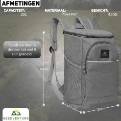 Needventure Koeltas - Lunchtas - Koelrugtas - Picknicktas - 20 Liter - Flessenhouder - Bieropener - Grijs -Mushie  winkel 550x550 249