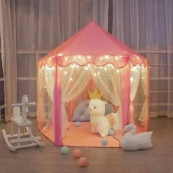 Merkloos Kindertent - Voor Meisjes - Met Stervormige LED-verlichting - Stoffen Tent - Ballenbad Voor Kinderen - Roze Prinsessenkasteel - Kleine Speelhuisjes - Voor Kinderen - Draagbaar Game Tent