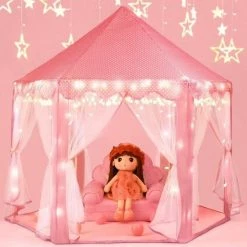 Merkloos Kindertent - Voor Meisjes - Met Stervormige LED-verlichting - Stoffen Tent - Ballenbad Voor Kinderen - Roze Prinsessenkasteel - Kleine Speelhuisjes - Voor Kinderen - Draagbaar Game Tent -Mushie  winkel 550x550 519