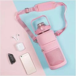 Merkloos Waterfles 2 Liter MET Tas Roze - Armband - Waterfles Met Rietje -Drinkfles Met Rietje - Grote Waterfles - Bottle 2 Liter - Sportbidon - Sportfles Fitness - Waterkan - Gallon - Schenkfles - Waterflessen