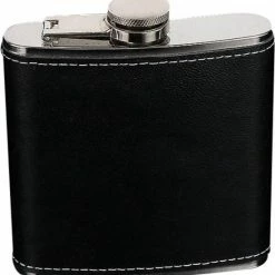 Merkloos RVS Heupfles 177 Ml Met Zwart Kunstleder Bedekt - Veldfles Zwart Leder - Platvink - Zakflacon - Heupflacon Kunst Leer - Drankfles - Drankflacon - PU Leren Zakfles - Black PU Leather