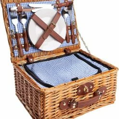 Sens Design Rieten Picknickmand Voor 2 Personen Inclusief Koelvak, Bestek, Borden En Wijnglazen - Blauw