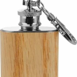 Merkloos RVS Heupfles Met Houtlook Aan Sleutelhanger 30 Ml 5 X 4 Cm - Borrelfles/drankfles/veldfles Sleutelhangers - Outdoor/onderweg Drank