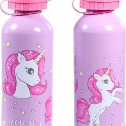 KliederZ Drinkfles 2 Stuks Unicorn Paars | Drinkflessen School Eenhoorn Aluminium Kinderen | 500ml DB03