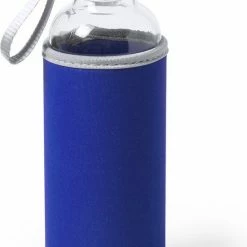 Bellatio Design Glazen Waterfles/drinkfles Met Blauwe Softshell Bescherm Hoes 420 Ml - Sportfles - Bidon